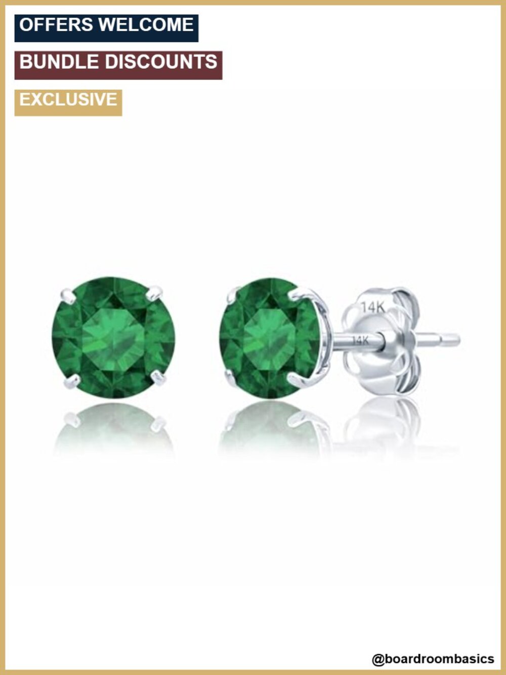 14K White Gold 6MM Lab Emerald Stud Earrings